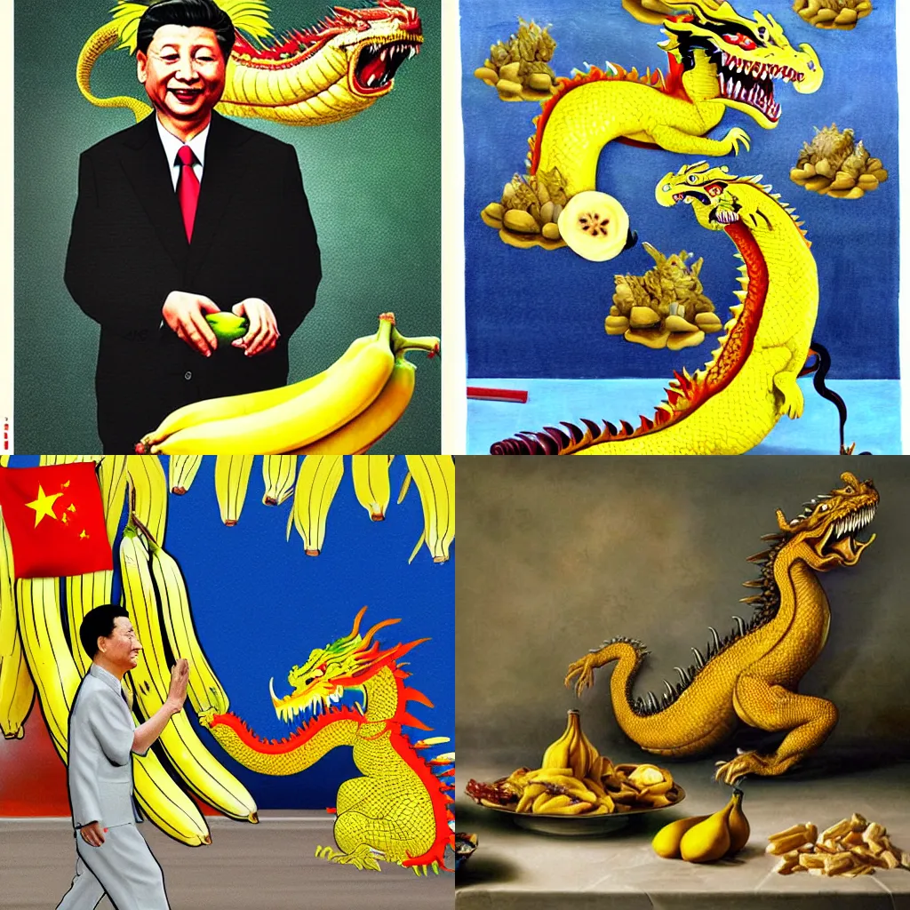 Prompt: Chinese president killing dragon with bananas, painting