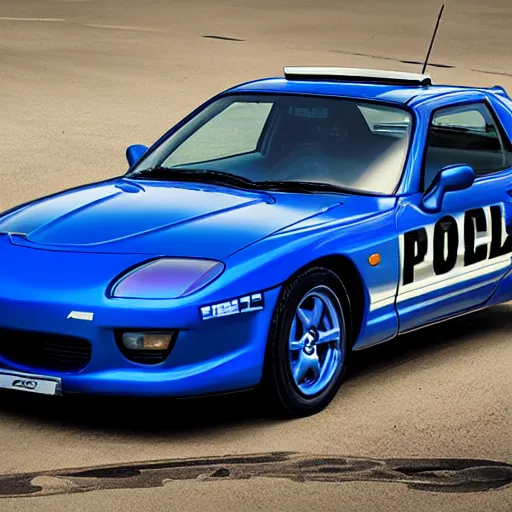 Image similar to Mazda Rx-7 police car, hyper realistic, car photography, high detail, 8k,