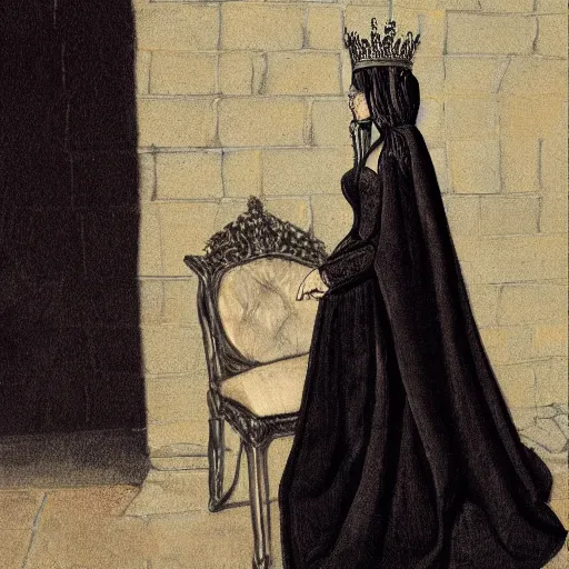 Prompt: an illustration of a queen wearing a beautiful black dress on a simple stone throne by john hawe, realistic, detailed, oil painting