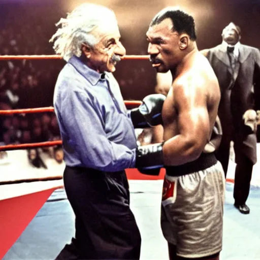 Image similar to albert einstein and mike tyson fighting each other in a boxing ring