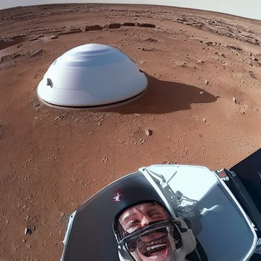 Image similar to Elon musk selfie with futuristic house on mars