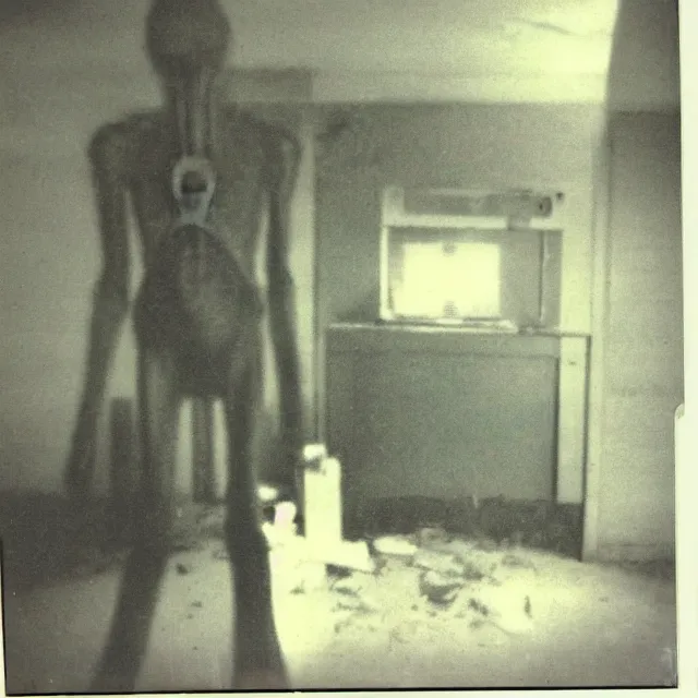 Image similar to found polaroid photo, flash, interior abandoned hospital, mutant creature standing