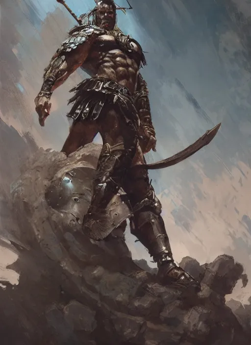 Image similar to ancient historically accurate depiction of the Bible Character Goliath of Gath, the Philistine warrior giant in ancient persian chainmail armor, dramatic lighting art by Yoji Shinkawa by Richard Schmid by greg rutkowski by Sandra Chevrier by Jeremy Lipking cinematic dramatic