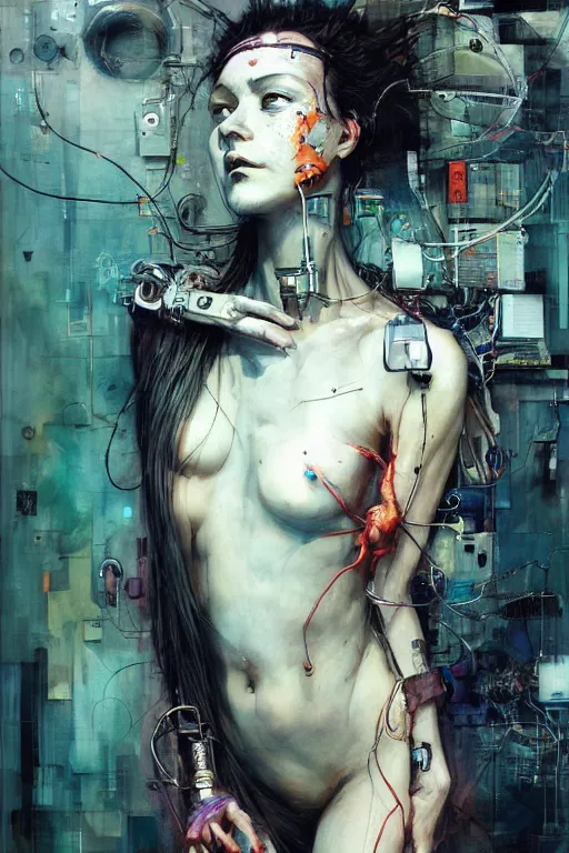 Prompt: young woman cyberpunk dream thief, wires cybernetic implants, in the style of adrian ghenie, esao andrews, jenny saville,, surrealism, dark art by james jean, takato yamamoto. intricate, very detailed, high quality