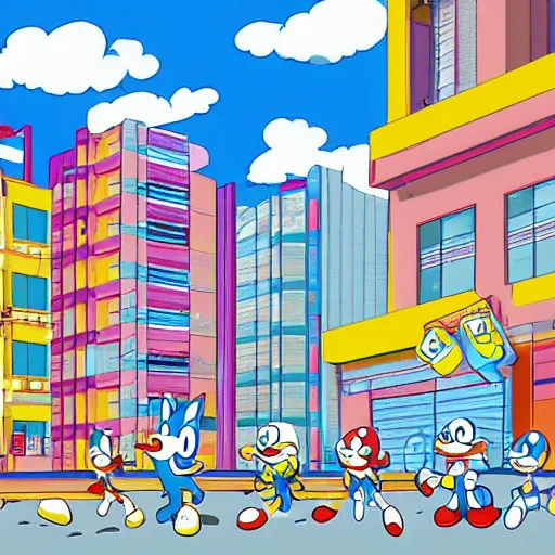 Prompt: wide shot, sonic and doraemon, game still sprites, tokyo residential neighborhood,illustration,concept art