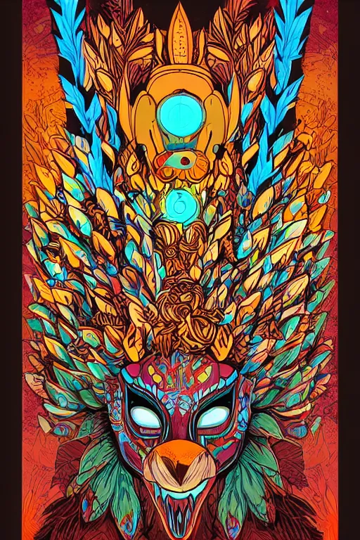 Image similar to animal mask totem roots flower tribal feather gemstone plant wood rock shaman vodoo video game vector cutout illustration vivid multicolor borderlands comics by josan gonzales and dan mumford radiating a glowing aura