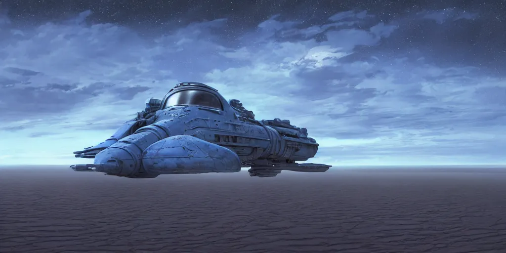 Prompt: a photorealistic detailed blue spaceship!!! highly detailed with ethereal light on the sahara desert, dune landscape, 14mm lens, giant threes, photorealistic, octane render, 4k, specular light, shallow depth of field, concept art, artstation, highly detailed, art by canaletto, hajime sorayama, john salminen, ivan shishkin, kim keever, pierre pellegrini and ash thorp