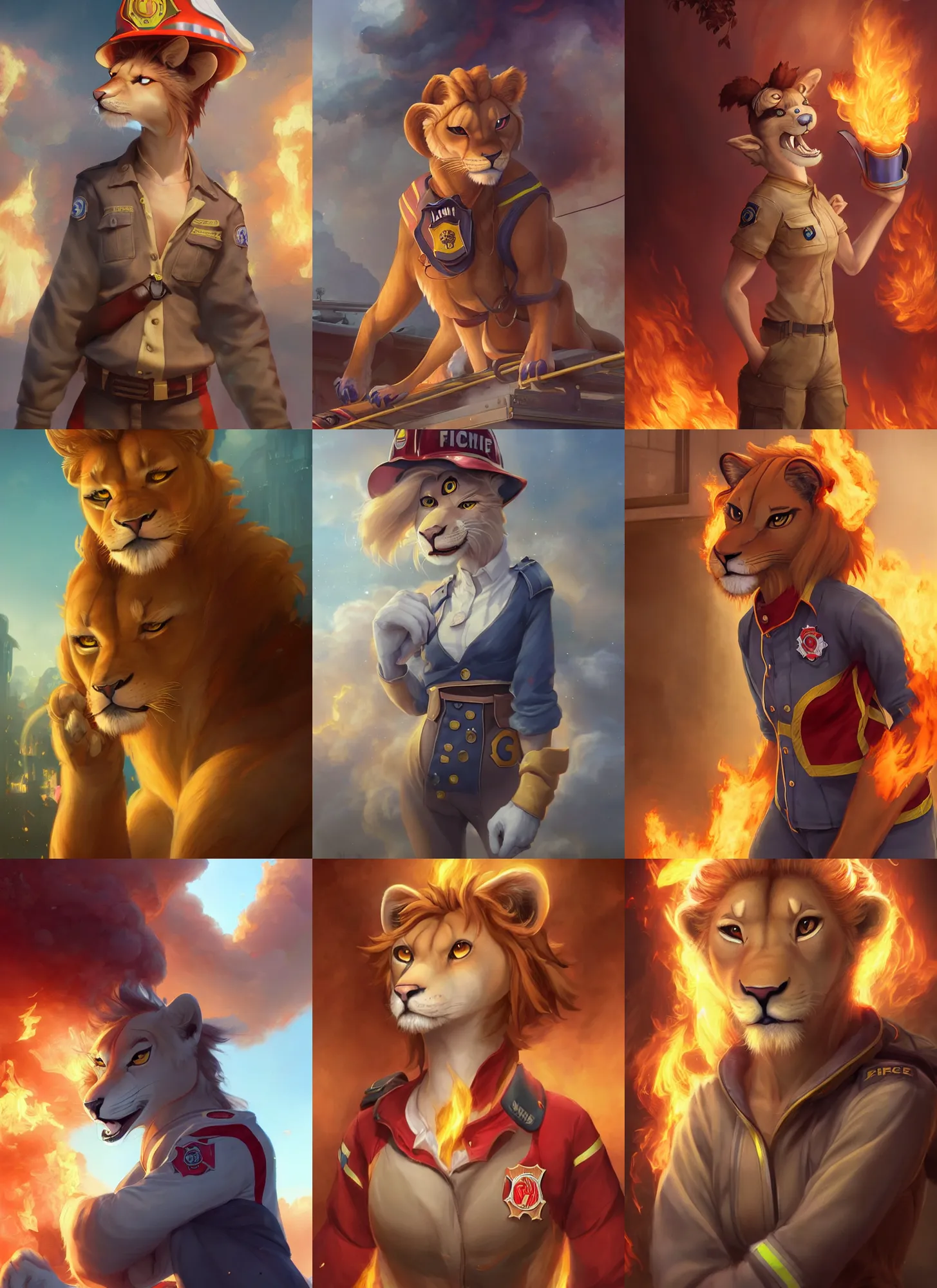 Prompt: beautiful portrait of a female anthropomorphic lioness fursona wearing a firefighter uniform at a burning building. character design by disney, charlie bowater, ross tran, artgerm, and makoto shinkai, detailed, soft lighting, rendered in octane