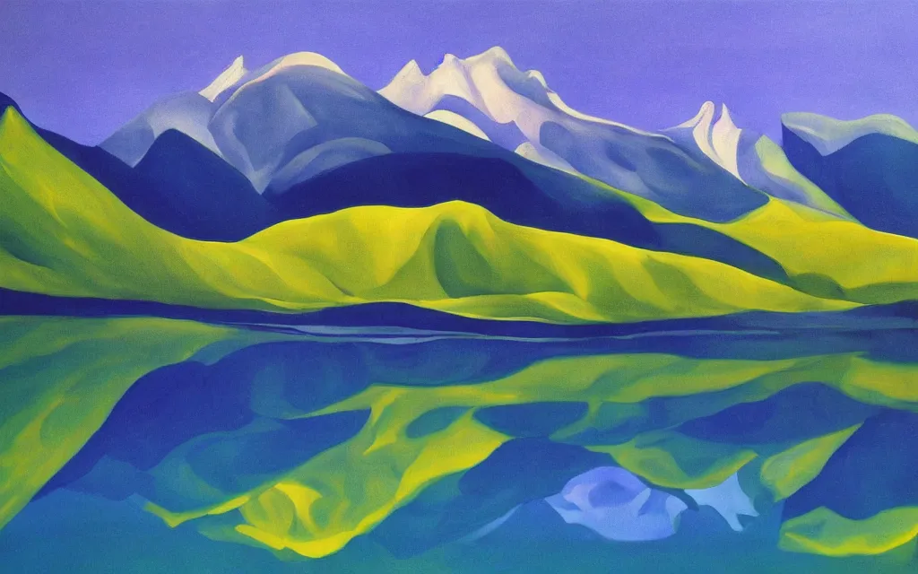 Image similar to the alps and reflection in a lake in the style of georgia o keeffe. colorful, wavy. painting. medium long shot. perspective. color palette of blue, yellow, purple, green. alpenguhen