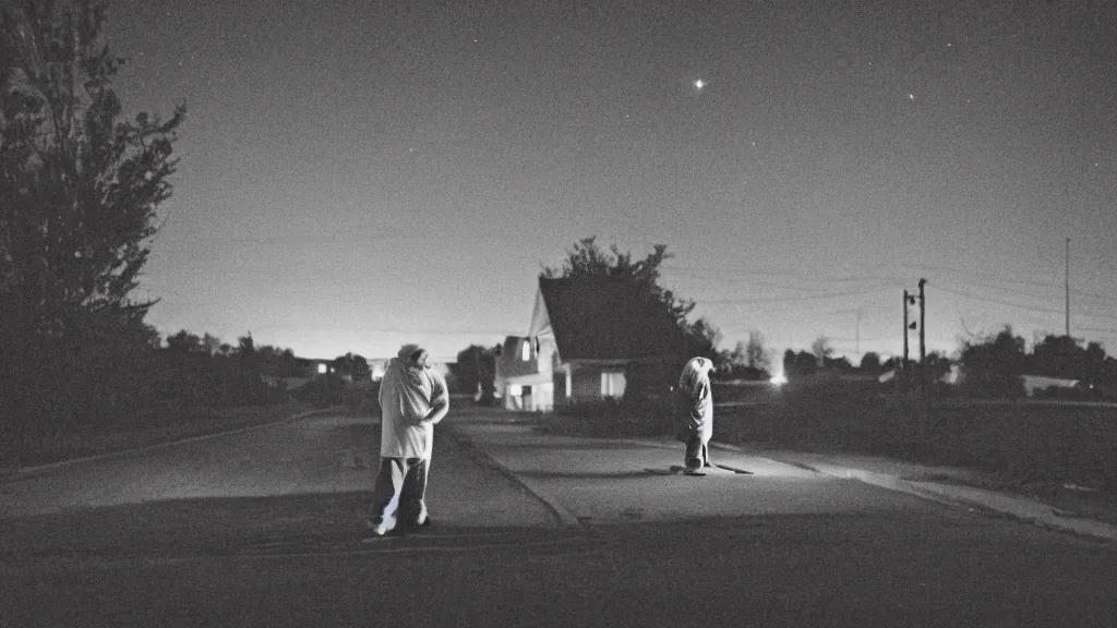 Prompt: photograph of a old man with a very sad bowed head, wearing a nightshirt, in the middle of a suburban street at night, in the style of Gregory Crewdson