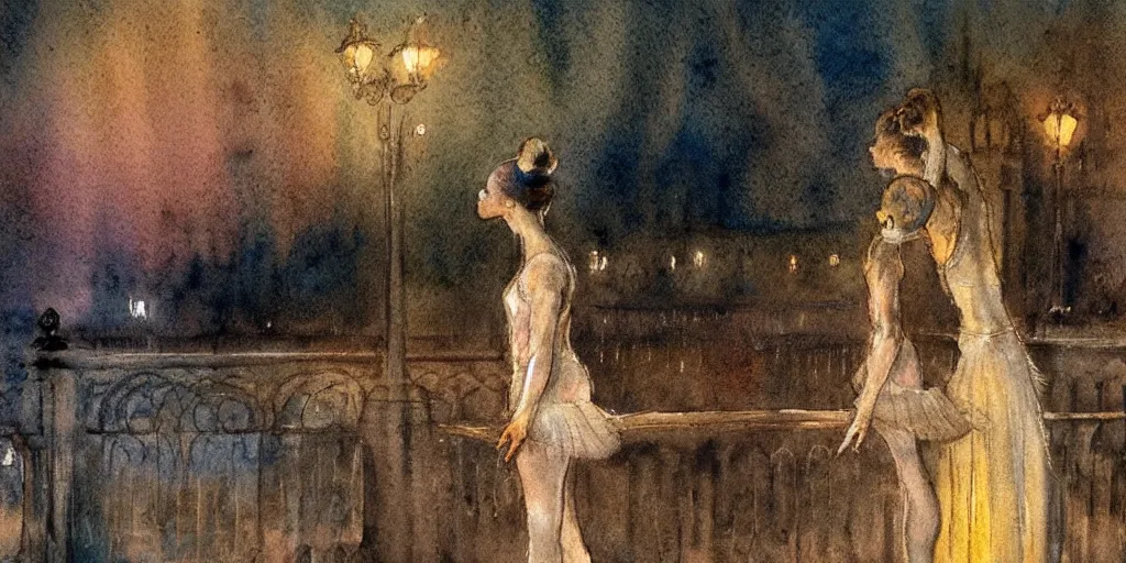 Prompt: a hiper intricate watercolor of a beautiful ballerina at midnight by the light of the street lights on the bridge extremely detailed, sharp focus, wide view, smooth, digital illustration, colorfull, by william turner art, by edgar degas