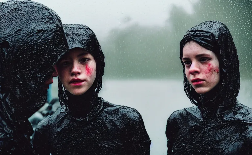 Image similar to cinestill 5 0 d candid photographic portrait by helen levitt of two loving female androids wearing rugged black mesh techwear in treacherous waters, extreme closeup, modern cyberpunk moody depressing cinematic, pouring rain, 8 k, hd, high resolution, 3 5 mm, f / 3 2, ultra realistic faces, ex machina