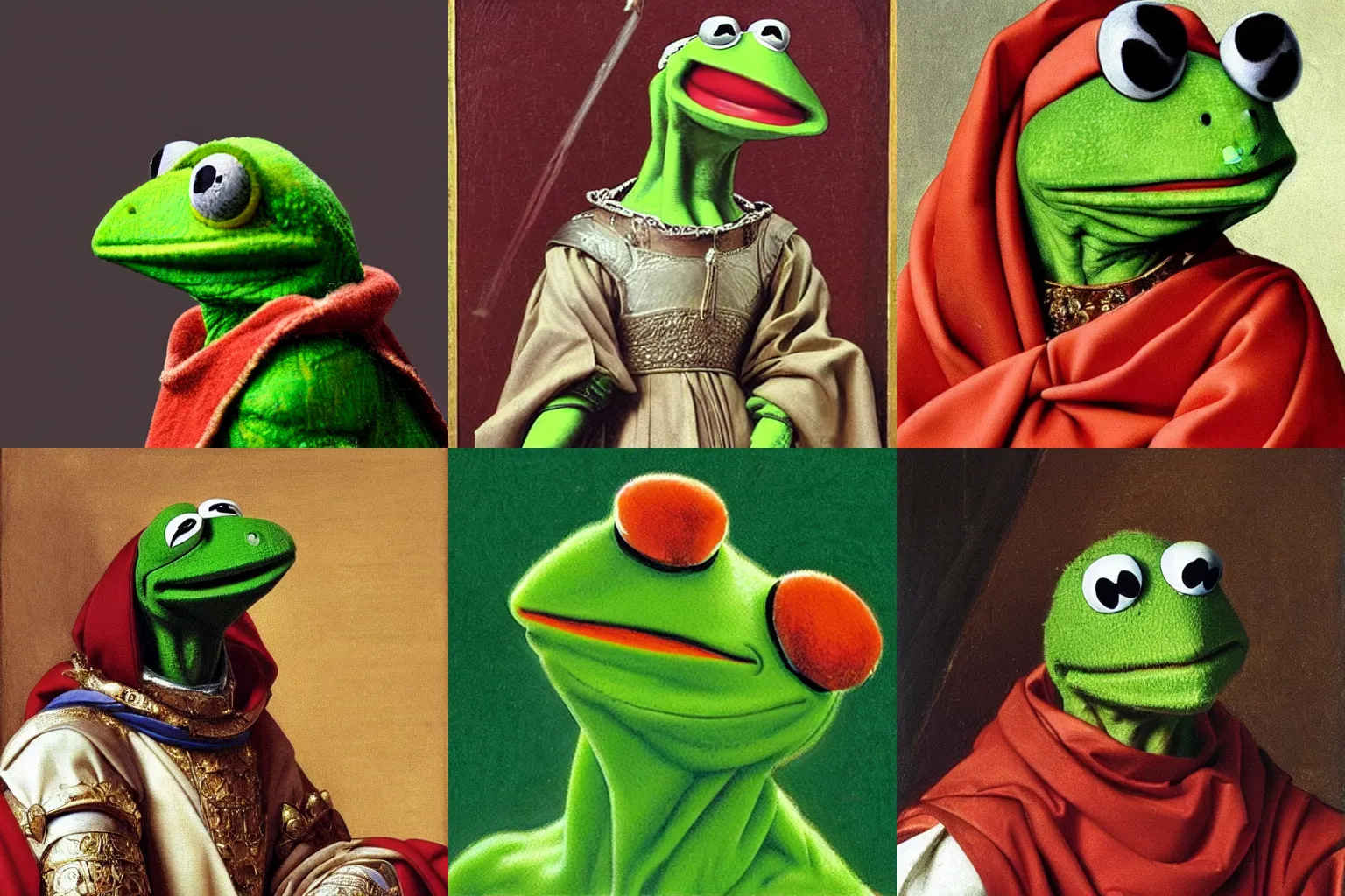 Image similar to A extremely highly detailed majestic hi-res beautiful, highly detailed head and shoulders painting of kermit the frog in royal medieval kingly robes by Michelangelo Merisi da Caravaggio,