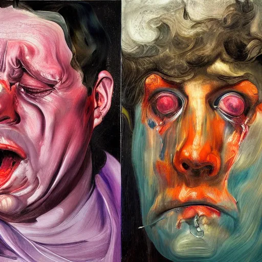 Image similar to high quality high detail painting of two extremely angry men by lucian freud and jenny saville and francis bacon and malcom liepke and nicola samori, hd, anxiety, two men crying and screaming, turquoise and purple and orange and pink, dark atmosphere