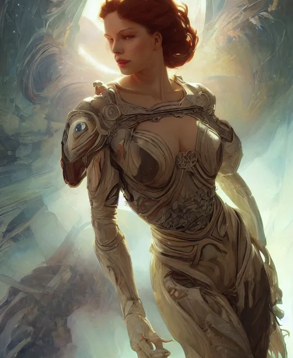 Image similar to portrait of a scifi woman, half body, d & d, fantasy, intricate, elegant, highly detailed, digital painting, artstation, concept art, art by artgerm and greg rutkowski and alphonse mucha, boris vallejo