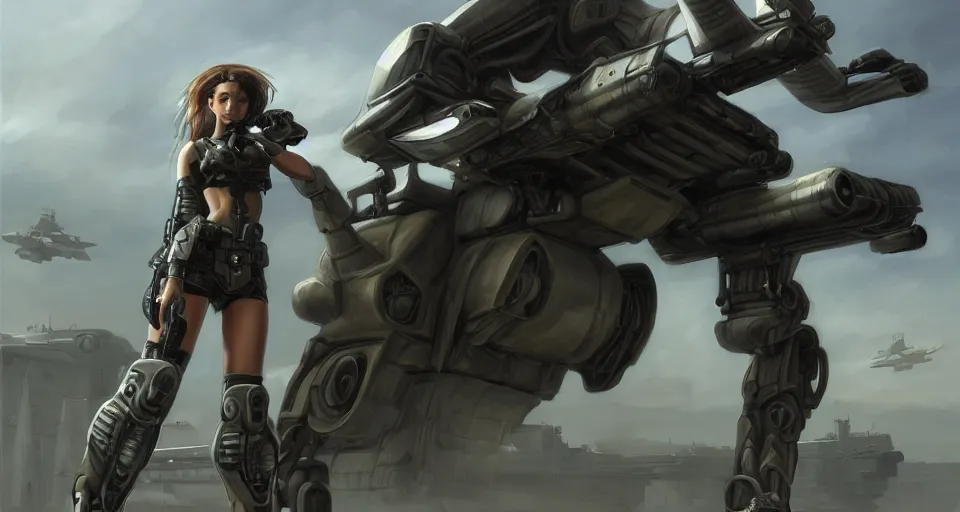 Image similar to a photorealistic painting of an attractive young girl, clothed in stealth-like battle armor, a giant sci-fi sniper rifle, olive skin, long dark hair, beautiful bone structure, symmetrical face, perfect eyes, a futuristic hover-tank in the background, intricate details, elegant, digital painting, illustration, sharp focus, minimal artifacts, from Metal Gear, in the style of Ruan Jia and Mandy Jurgens and Greg Rutkowski, trending on Artstation, award winning, unreal engine, octane render