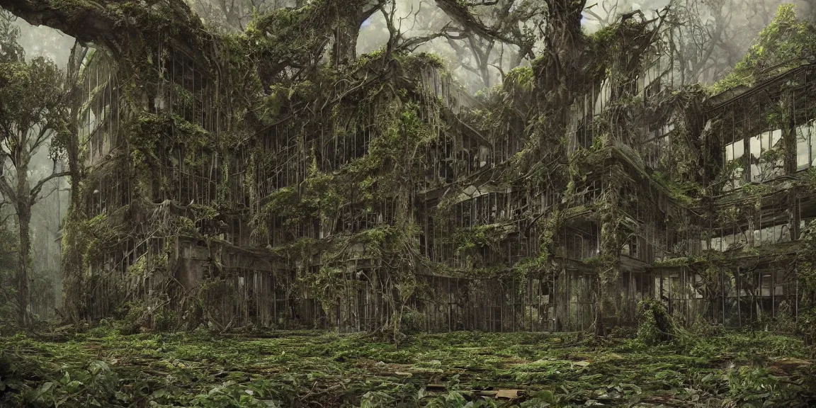 Image similar to An overgrown, swampy Washington D.C.. Buildings covered in vines, gigantic trees from the ground. Crumbled ruins of governmental buildings in a post-apocalyptic world. Life after People. Trending on Artstation, deviantart, worth1000. By Greg Rutkowski. National Geographic and iNaturalist HD photographs