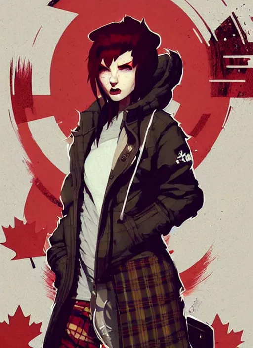 Image similar to highly detailed portrait of a sewer punk canadian lady, tartan hoody, white hair by atey ghailan, by greg rutkowski, by greg tocchini, by james gilleard, by joe fenton, by kaethe butcher, gradient red, brown, blonde cream and white color scheme, grunge aesthetic!!! ( ( graffiti tag wall background ) )