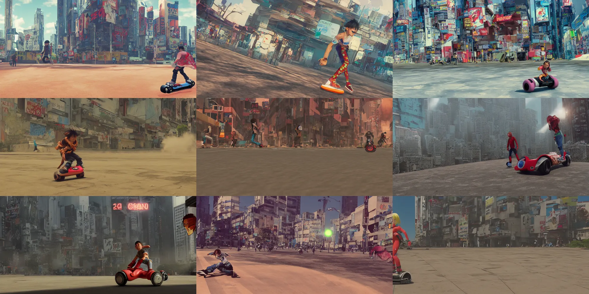 Prompt: incredible curvilinear screenshot, genius party, dusty abandoned shinjuku, close up of hero hoverboard kid, red hoverboard, wind, dust, sun bleached ground, jet set radio, koji morimoto, katsuya terada, masamune shirow, tatsuyuki tanaka hd, 4k, remaster, dynamic camera angle, deep 3 point perspective, fish eye, dynamic scene