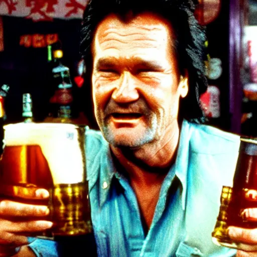 Image similar to Big trouble in little China, Jack Burton (no facial hair) drinking beer, Chinatown bar, amazing shot, colorized, 1987