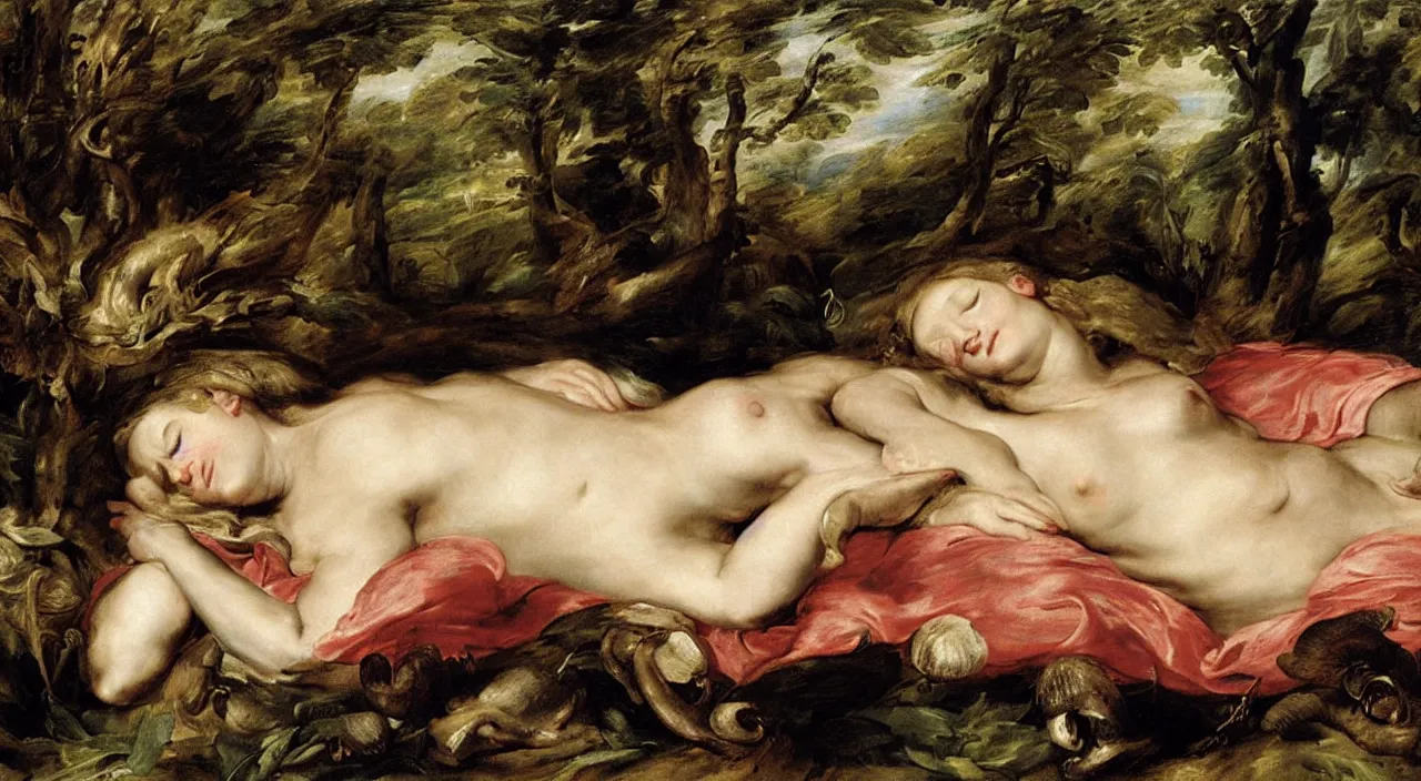 Image similar to pretty sleeping woman with mushrooms as camouflage, by rubens