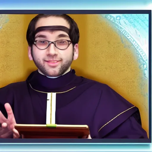 Prompt: new catholic priest vtuber streaming on a computer