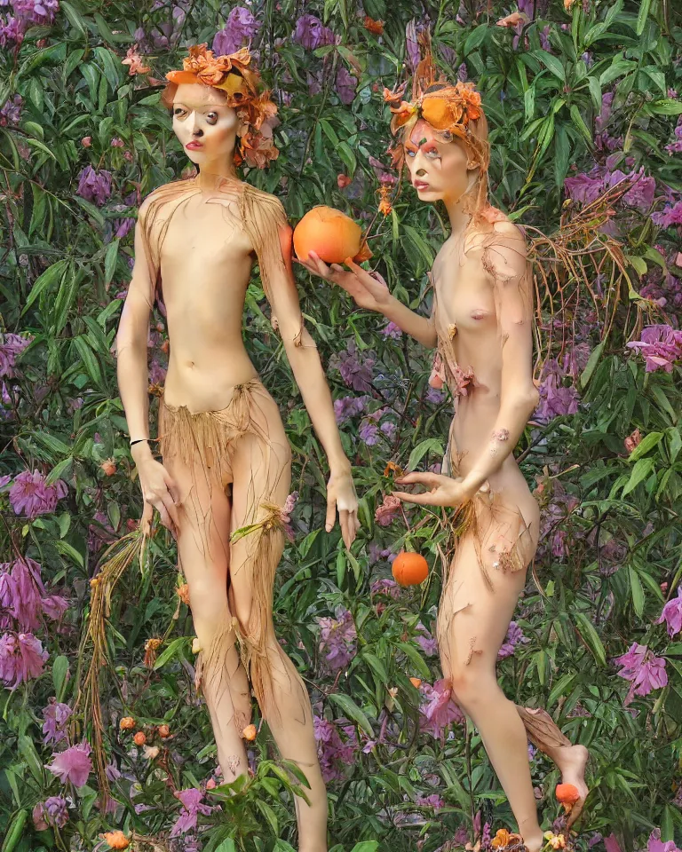 Prompt: A full body shot of curious and vibrant Queen of peach fruits fairies standing for the camera, her skin is made of detailed pale human skin. Shiny hair made of highly detailed plant roots strands and two peaches. Weeds are growing from her belly bottom. Gently looking at the camera. Soft details. Clear eyes. Octane Render. Art nouveau. 4k. 8k. Detailed. Refined. Body art. Highly Detailed. Face by Otto Schmit. Detailed Garden of fruits as background. Trending on artstation.