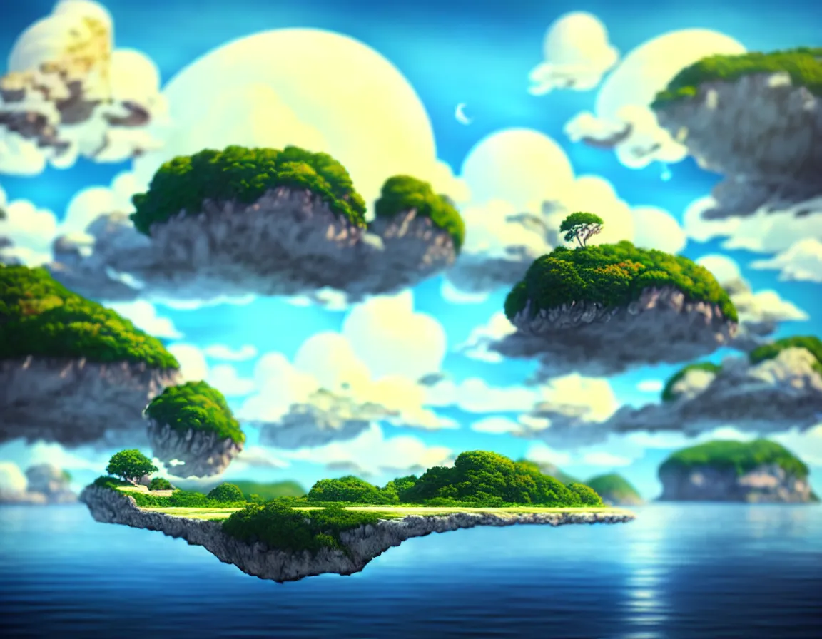 Prompt: ultra realistic illustration of magical island floating in the sky, serene evening atmosphere, soft lens, soft light, cel - shading, in the style of cgsociety, deviantart, artstation, zbrush, cinema 4 d, studio ghibli, akihiko yoshida, atelier lulua, masamune shirow