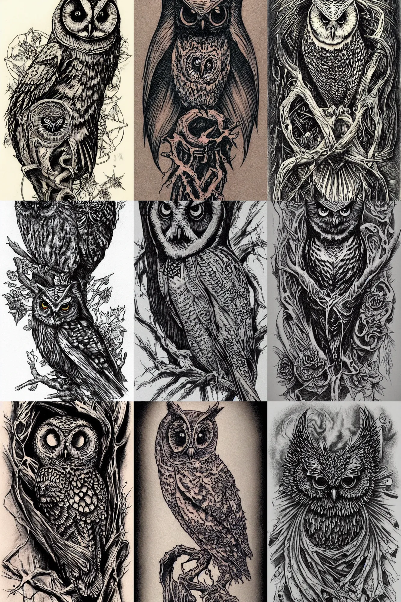 Prompt: gothic tattoo design of an Owl by bernie wrightson