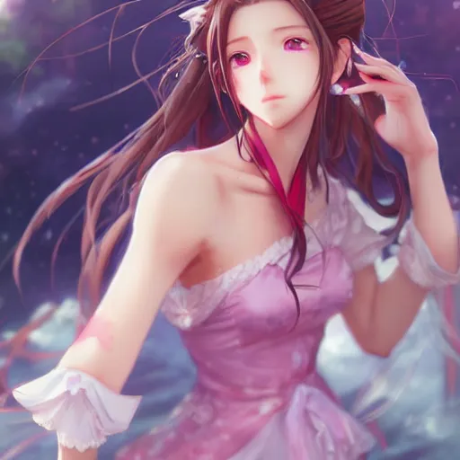 Image similar to beautiful anime art of aerith gainsborough by WLOP, rossdraws, Logan Cure, Mingchen Shen, BangkuART, sakimichan, yan gisuka, JeonSeok Lee, zeronis, Chengwei Pan on artstation