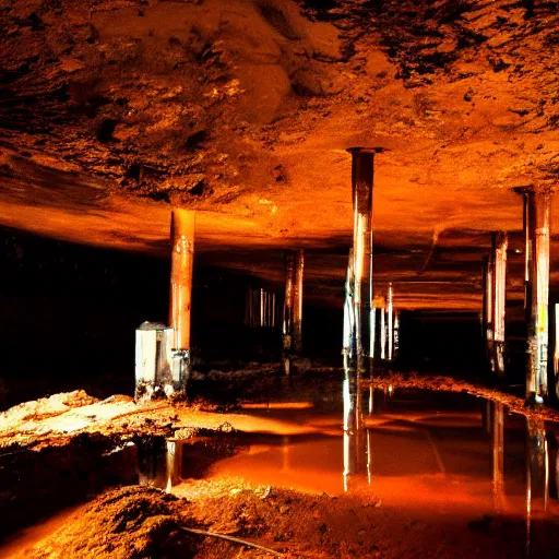 Image similar to underground copper mine, flooded, dirty water, rusty pipes