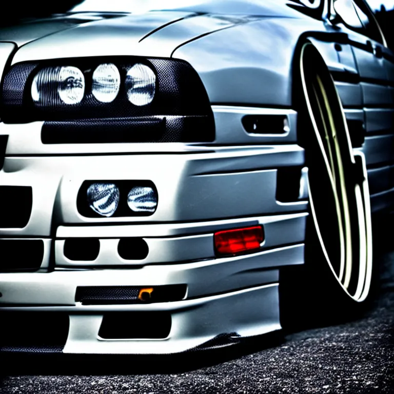 Image similar to close-up-photo BMW E36 illegal meet, cambered wheels, Saitama prefecture, misty midnight, cinematic color, photorealistic, high detailed wheels, highly detailed, custom headlights