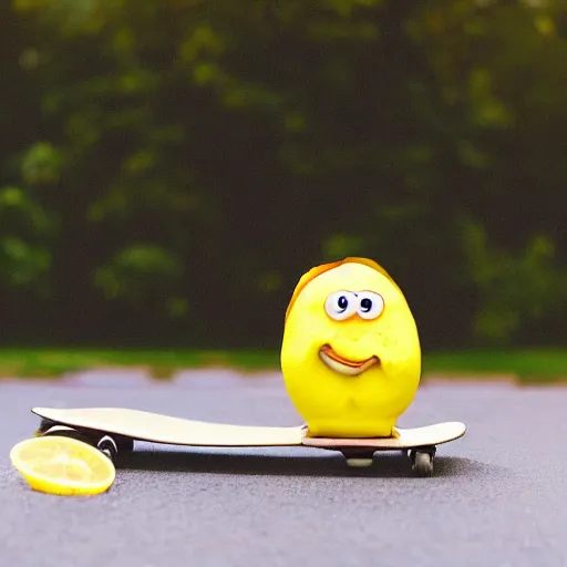 Prompt: a cool lemon riding a skateboard