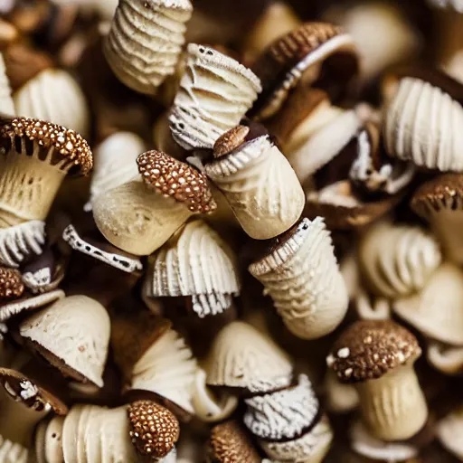 Prompt: a photograph of a clump of vanilla-chocolate swirl ice cream cones with sprinkles growing in the deep lush forest like mushrooms. Shallow depth-of-field