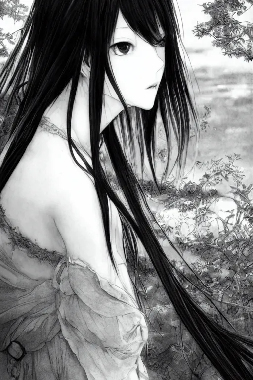 Image similar to a portrait of a character in a scenic environment by Yoshitaka Amano, black and white, dreamy, dark eyes, wavy long black hair, highly detailed