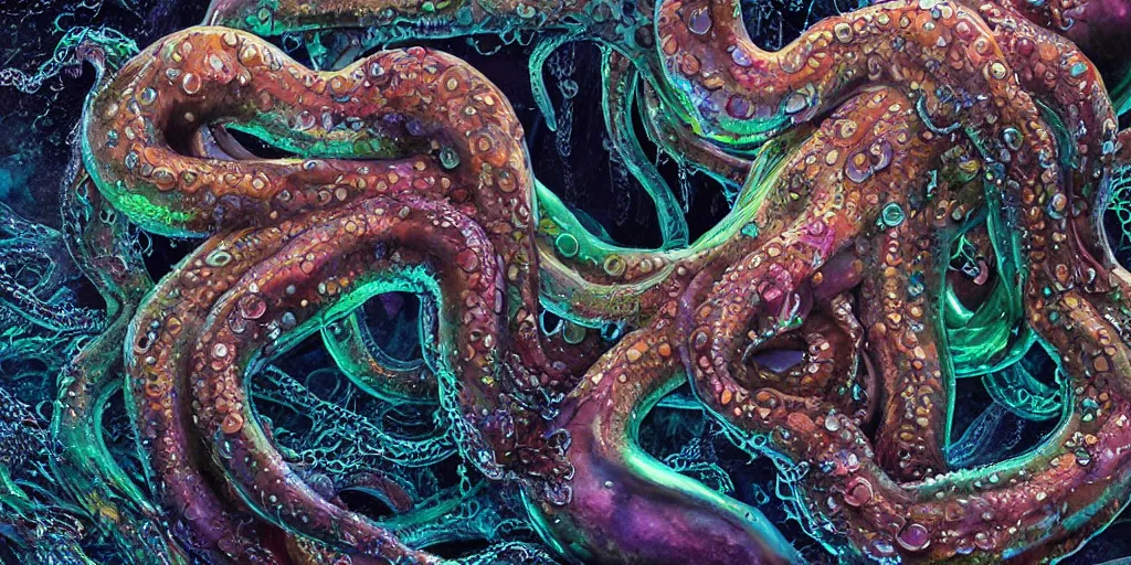 Image similar to giant wet glistening medusa octopus chimera, dripping mucus from its transparent quivering flesh, detailed multicoloured scales and feathers, ocean, storm, mist, moody, low key dramatic lighting, octane render, in the style of sam shearon, clean digital art trending on art station