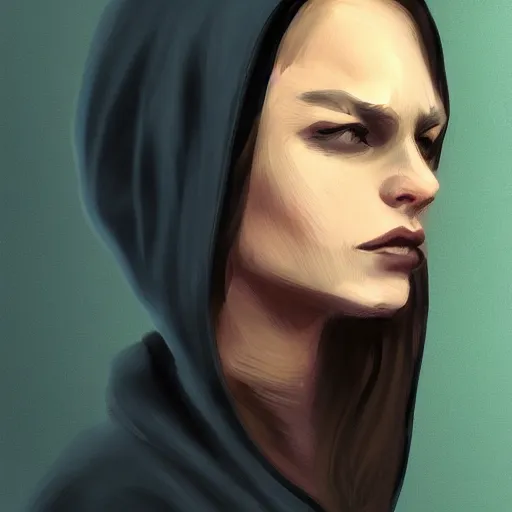 Image similar to Woman wearing hoodie, dark, menacing, artstation, digital art