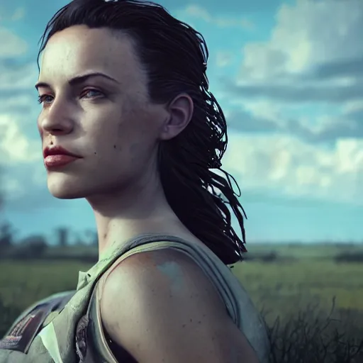 Image similar to fallout 5 : miami, charismatic beautiful rugged brunette female protagonist and companion, portrait, outdoors ruined airport, atmospheric lighting, painted, intricate, volumetric lighting, beautiful, summer, sunny weather, few clouds, sharp focus, deep colours, ultra detailed, by leesha hannigan, ross tran, thierry doizon, kai carpenter, ignacio fernandez rios