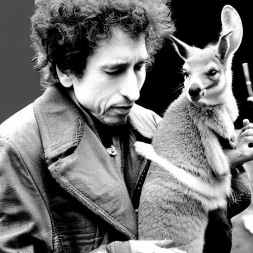 Image similar to bob dylan riding a kangaroo, photograph, high detail