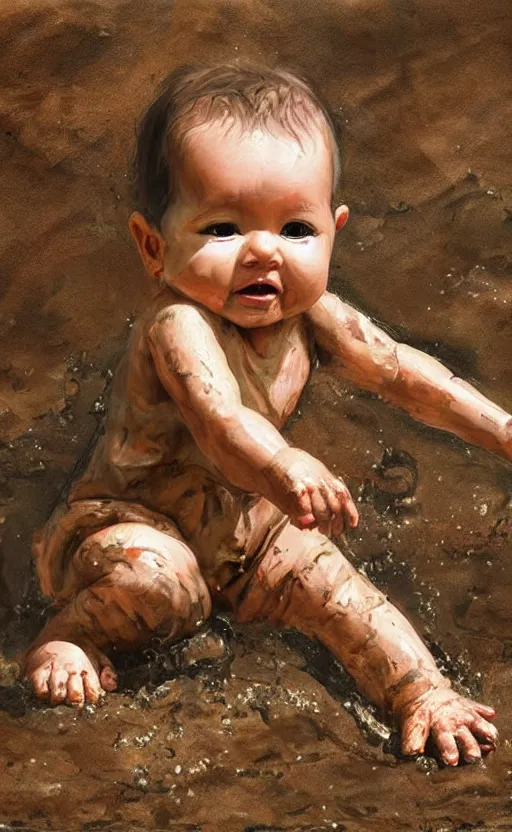 Prompt: beautiful detailed painting of a baby crawling in the mud.. vibrant, high quality, very funny, beautiful, hq. hd. 4 k. award winning. trending on artstation