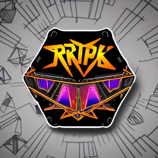 Prompt: sticker of a rock band, name is tripmachine, on the sticker is a 3 d render of a huge futuristic steampunk generator with music instruments, 8 k, fluorescent colors, halluzinogenic, multicolored, exaggerated detailed, silk screen art