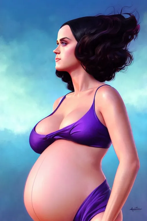 pregnant katy perry in a purple bikini, realistic