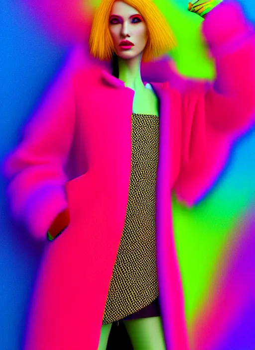 Image similar to coat for a rave, bright colors, many details, prints, photo for a magazine, photo for a store, fashion photography, Vogue, 135 mm, cinematic, hyper realism, high detail, octane render, 8k, chrome accents