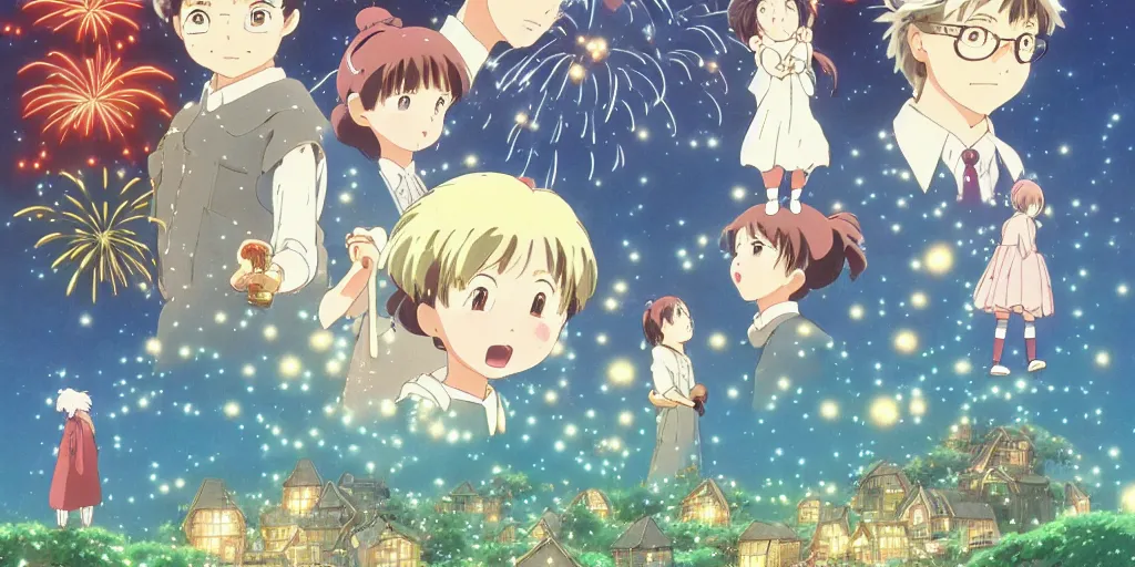 Image similar to the girl and the fireworks. Anime visual of a cozy village in a magical forest. cheerful and peaceful mood. illustrated by Hayao Miyazaki. anime production by Studio Ghibli. high quality, visually stunning, majestic, fall, official media