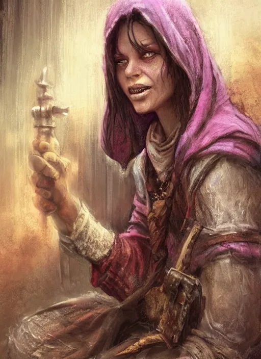 Prompt: female poor beggar on the streets unclean, ultra detailed fantasy, dndbeyond, bright, colourful, realistic, dnd character portrait, full body, pathfinder, pinterest, art by ralph horsley, dnd, rpg, lotr game design fanart by concept art, behance hd, artstation, deviantart, hdr render in unreal engine 5