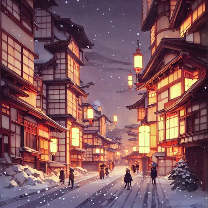 Image similar to japanese city, winter, in the style of studio ghibli, j. c. leyendecker, greg rutkowski, artem