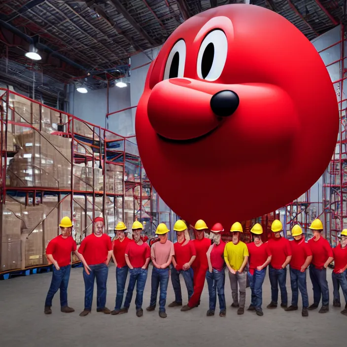 Image similar to crew of workers in red overalls building giant mickey mouse head in warehouse, octane render, 4 k ultra hd, hyper - detailed, realistic, low lighting, sharp focus, in style of beeple