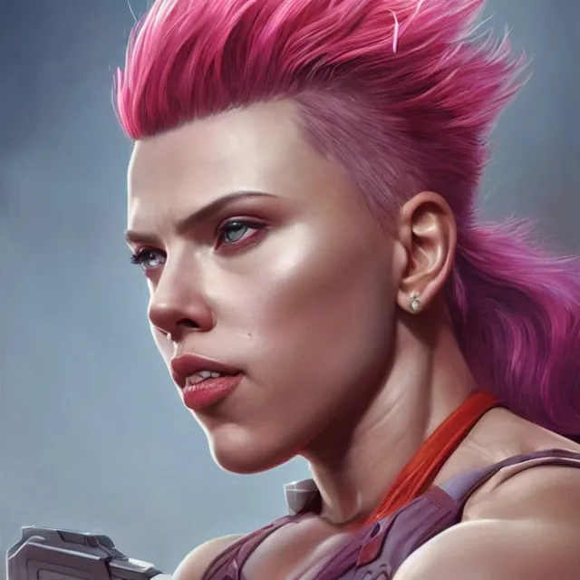 Image similar to detailed portrait of scarlett johansson as a female bodybuilder zarya from overwatch, attractive, beautiful, fantasy, intricate, elegant, highly detailed, digital painting, artstation, concept art, matte, sharp focus, illustration, art by aenaluck, artgerm and roberto ferri and greg rutkowski, epic fantasy, digital painting