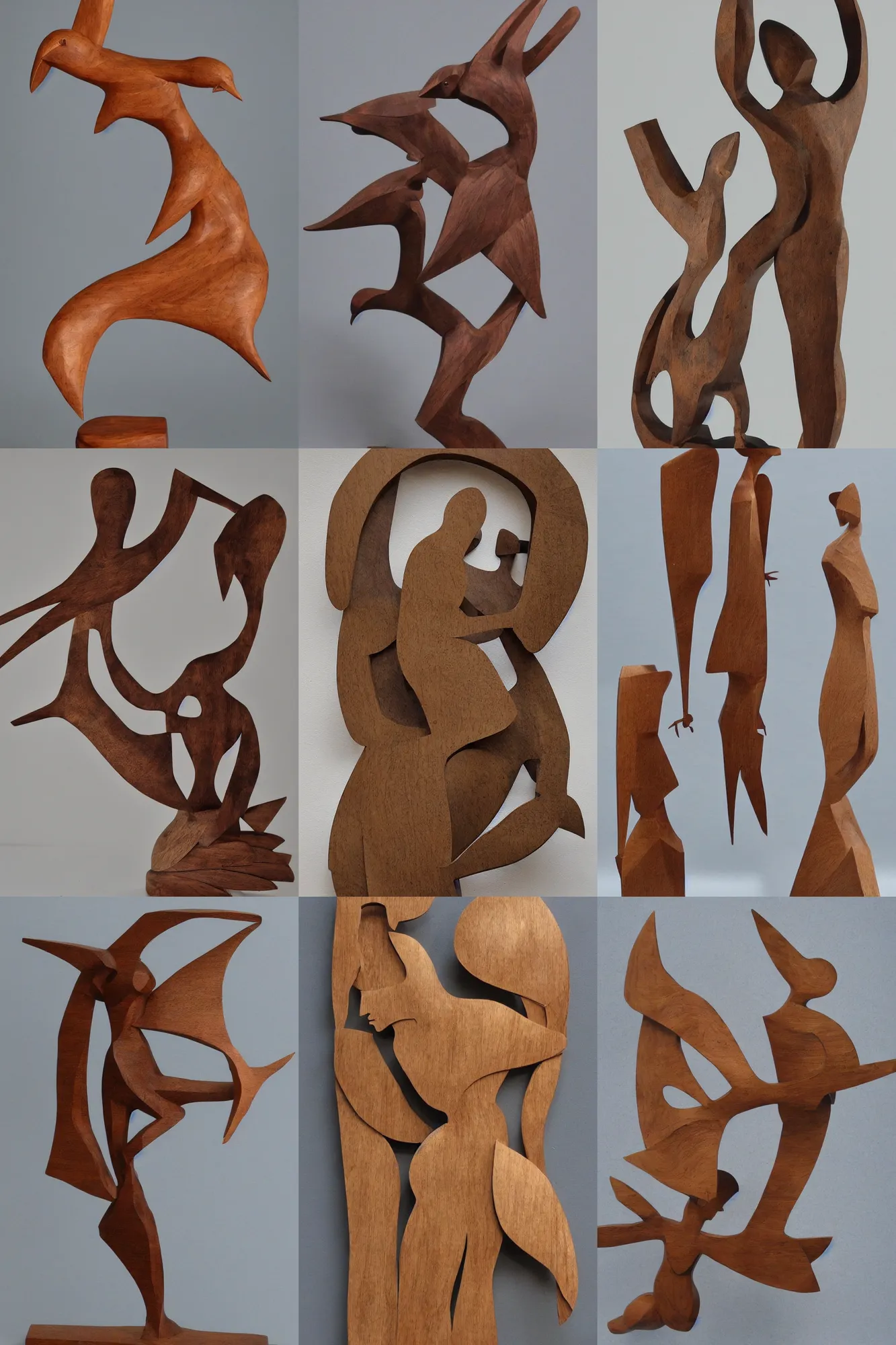 Prompt: wooden craft. contemporary sculpture. female figure. flying birds. low details.