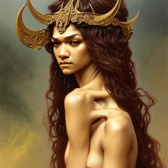 Prompt: ancient queen zendaya, symetrical, diffuse lighting, fantasy, intricate, elegant, highly detailed, lifelike, photorealistic, digital painting, artstation, illustration, concept art, 4 k, smooth, sharp focus, art by john collier and albert aublet and krenz cushart and artem demura and alphonse mucha